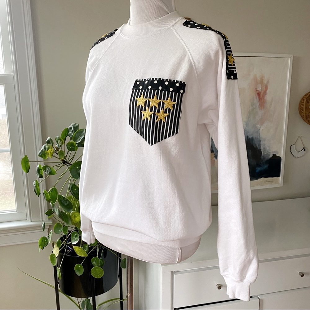 Vintage 80s / 90s Embellished Sweatshirt White Black Stripes Gold Stars